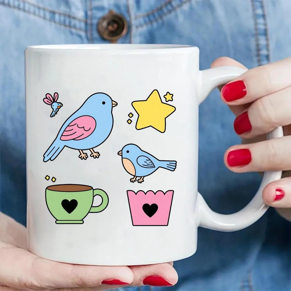 Tailorly White Ceramic 11 oz Mug - Charming Cartoon Birds With Bright Stars And Heart Decorated Coffee Mug Bird