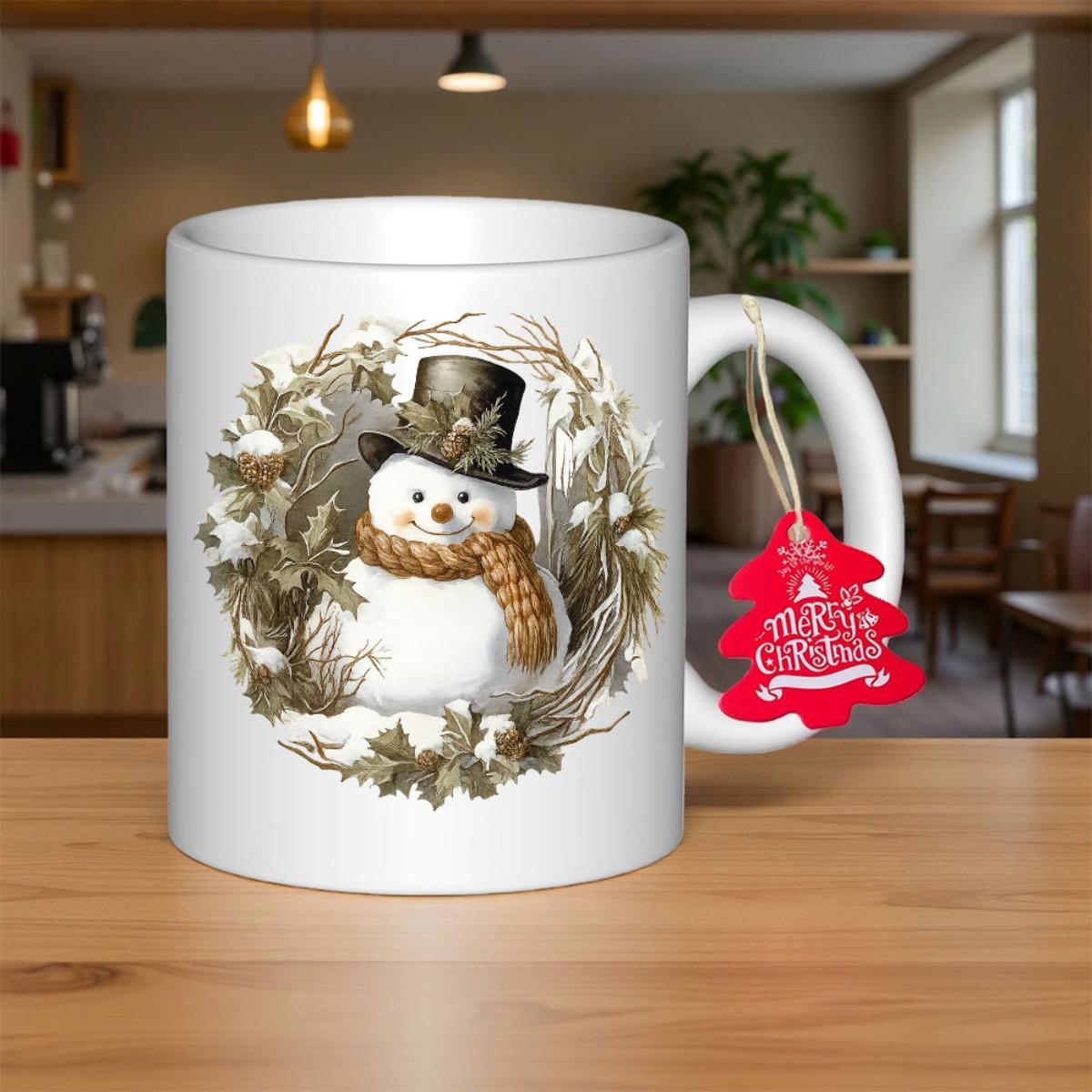 Tailorly White Ceramic 11 oz Mug - Merry Christmas Friendly Winter Character Wearing Top Hat And Scarf Among Pine Wreath Snowman