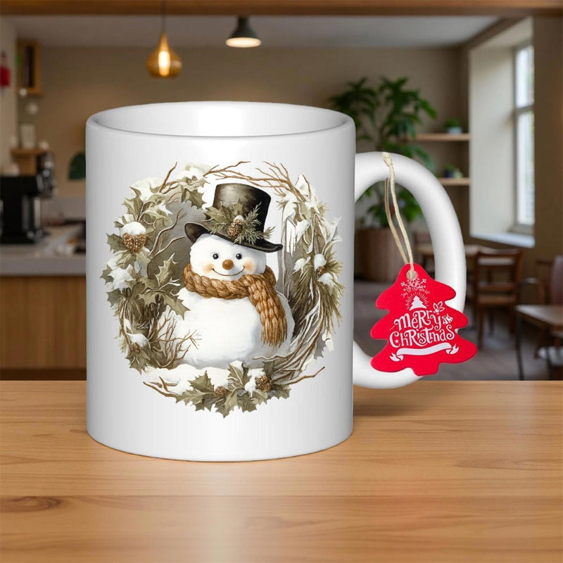 Tailorly White Ceramic 11 oz Mug - Merry Christmas Friendly Winter Character Wearing Top Hat And Scarf Among Pine Wreath Snowman