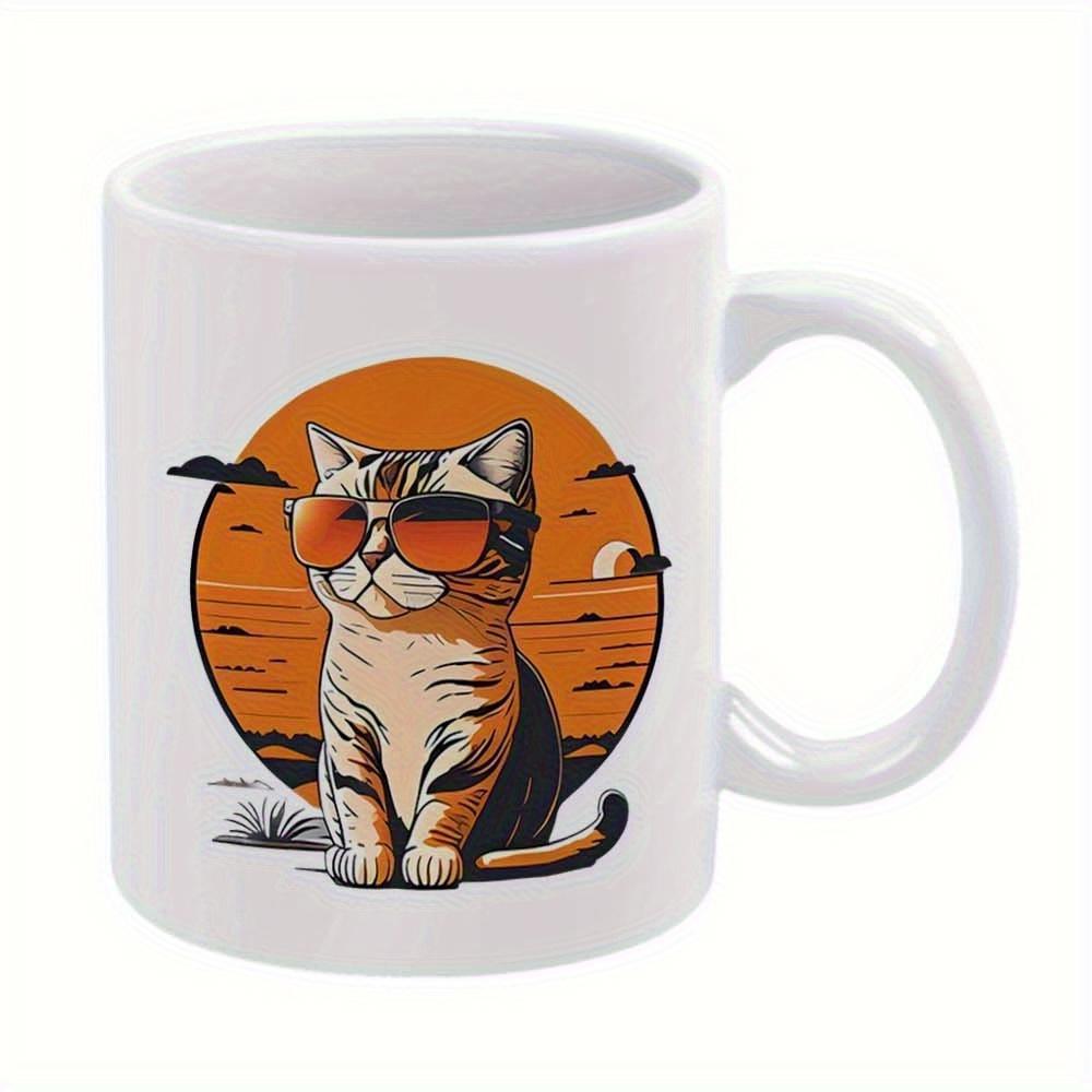Tailorly White Ceramic 11 oz Mug - Cool Ginger Tabby Sitting Gracefully Wearing Sunglasses Against A Vibrant Retro Sunset Cat