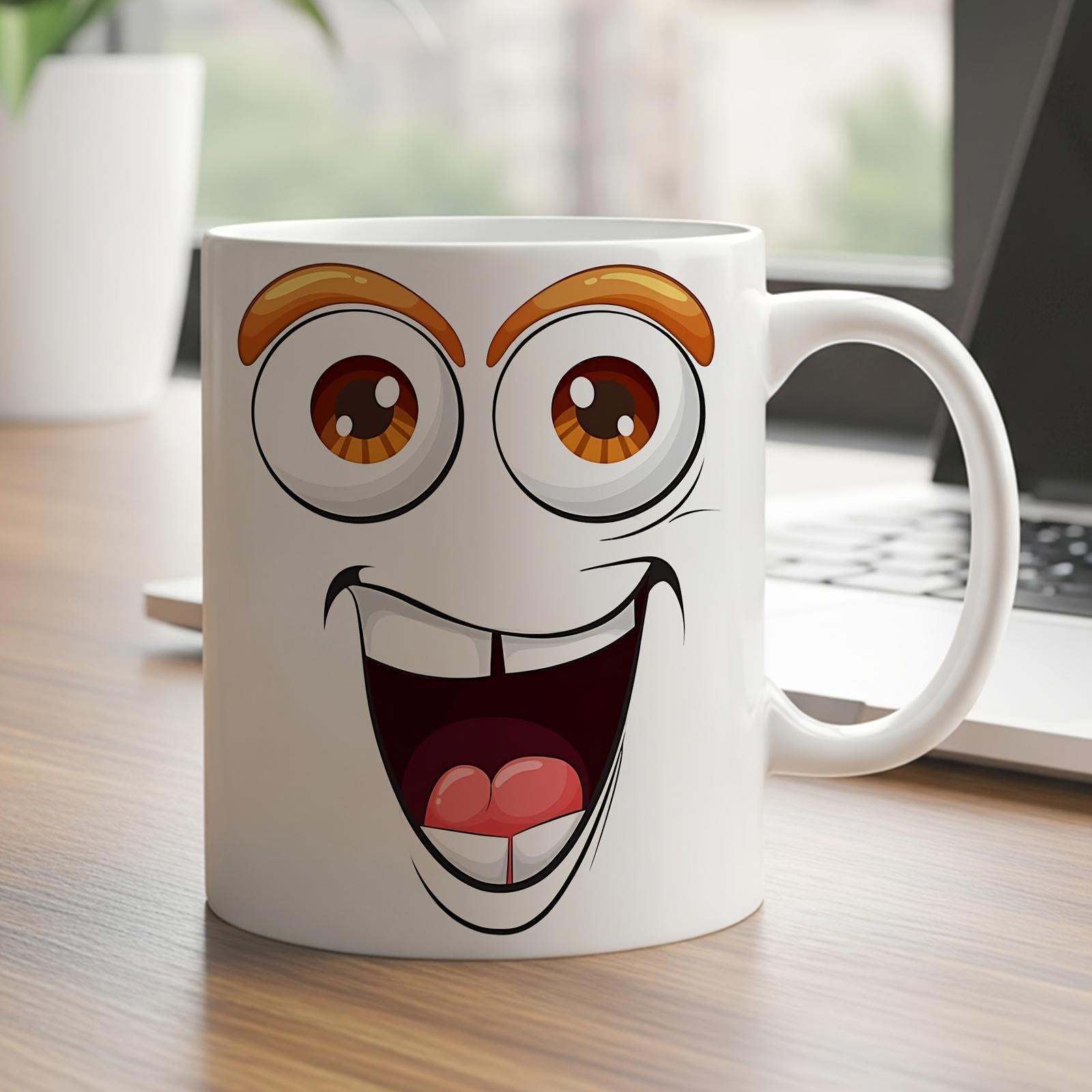 Tailorly White Ceramic 11 oz Mug - Excited Animated Character With Large Eyes And Wide Open Grinning Smile Face