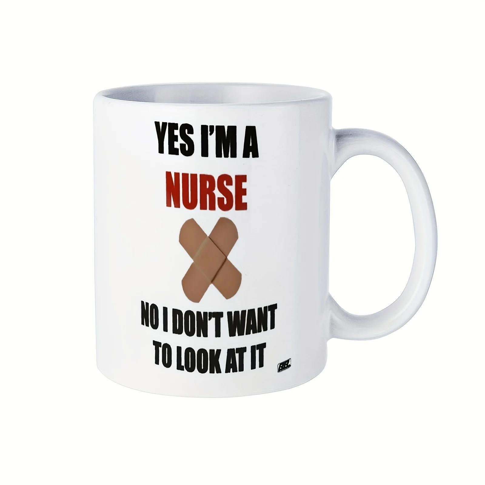 Tailorly White Ceramic 11 oz Mug - Yes Im A Nurse No I Dont Want To Look At It Two Brown Adhesive Bandages Crossed In An X Shape Bandage