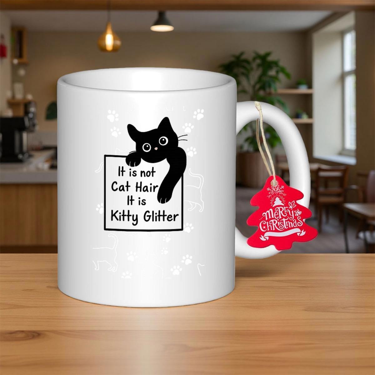Tailorly White Ceramic 11 oz Mug - It Is Not Cat Hair It Is Kitty Glitter Adorable Black Cat Peeking Over Frame With Large Curious Eyes Cute Cat
