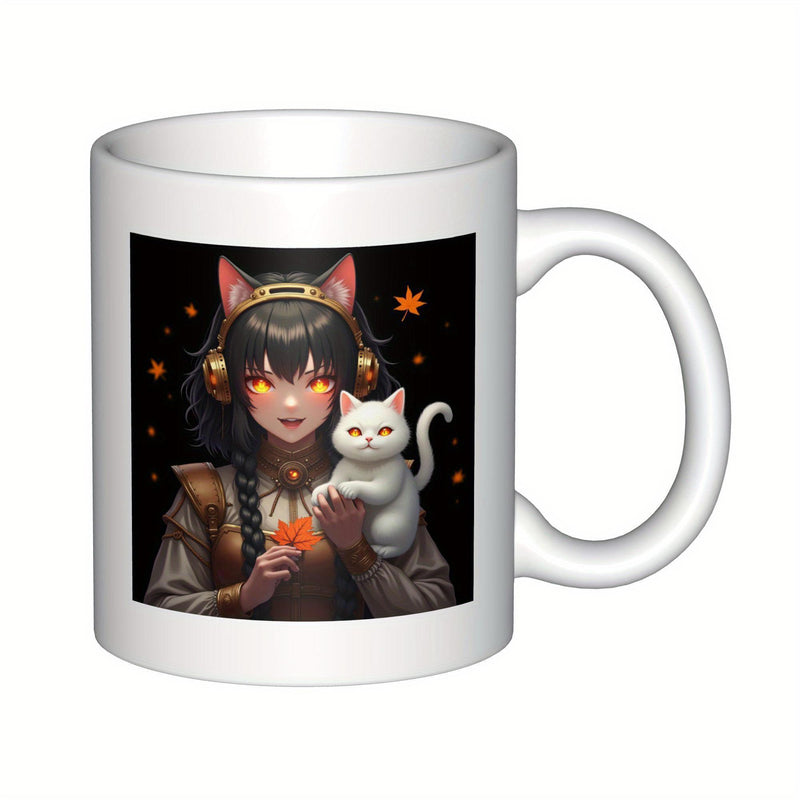 Tailorly White Ceramic 11 oz Mug - Mystical Anime Girl Wearing Golden Headphones Holding A Fluffy White Kitten