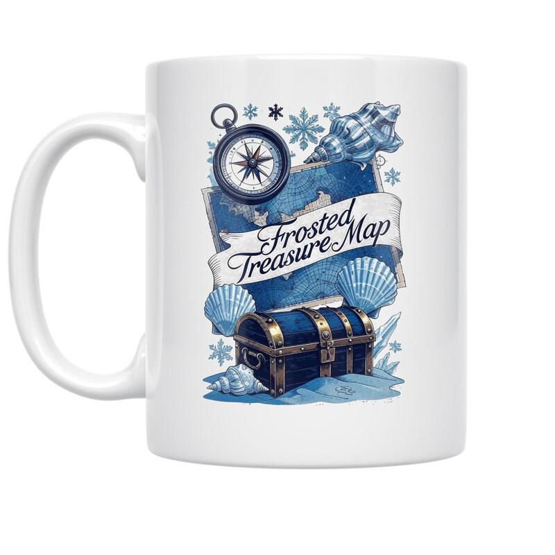 Tailorly White Ceramic 11 oz Mug - Frosted Treasure Map Vintage Blue Compass And Chest Surrounded By Cold Winter Snowflakes Map