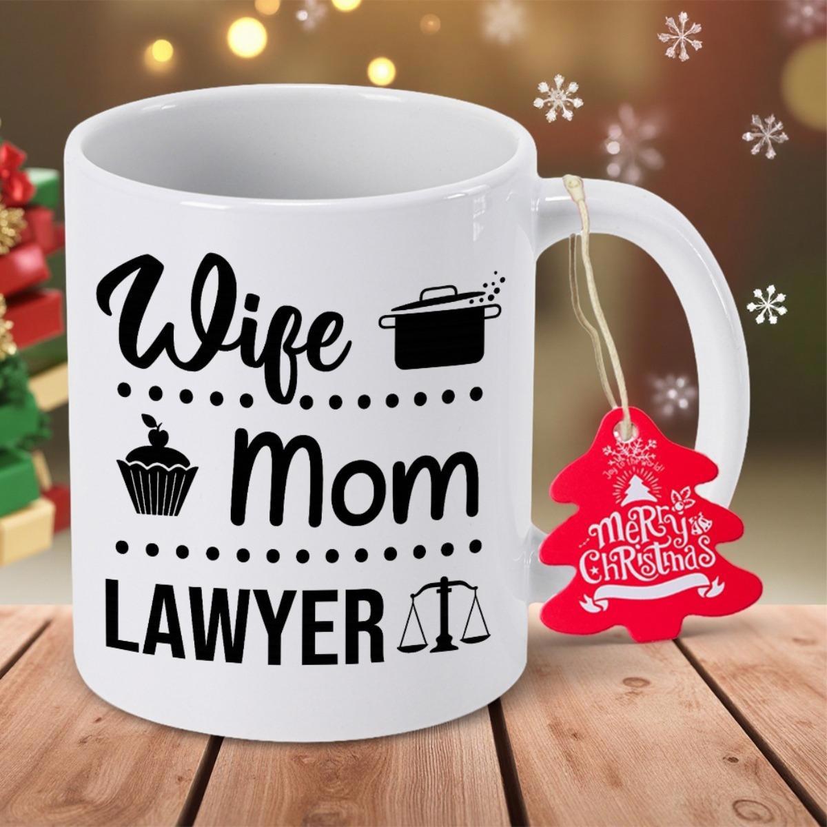 Tailorly White Ceramic 11 oz Mug - Wife Mom Lawyer Minimalist Black Line Icons Featuring Kitchen Essentials And Scales Of Justice Mug