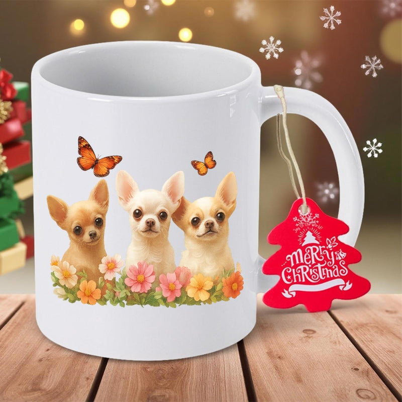 Tailorly White Ceramic 11 oz Mug - Adorable Three Chihuahuas Among Colorful Spring Flowers With Dancing Orange Butterflies Chihuahua