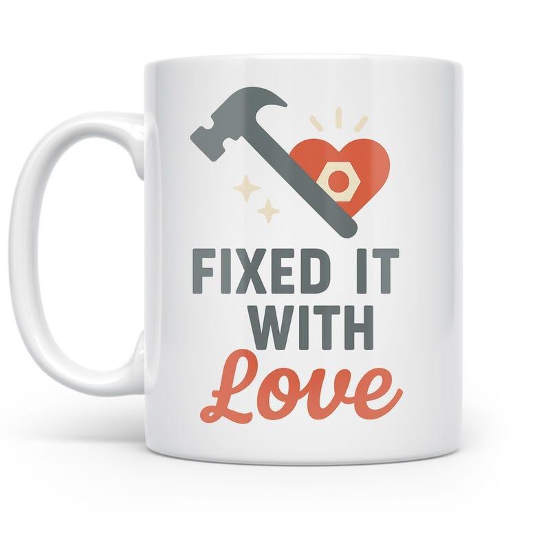 Tailorly White Ceramic 11 oz Mug - Fixed It With Love Industrial Black Hammer Striking A Red Heart Featuring A Nut Mug