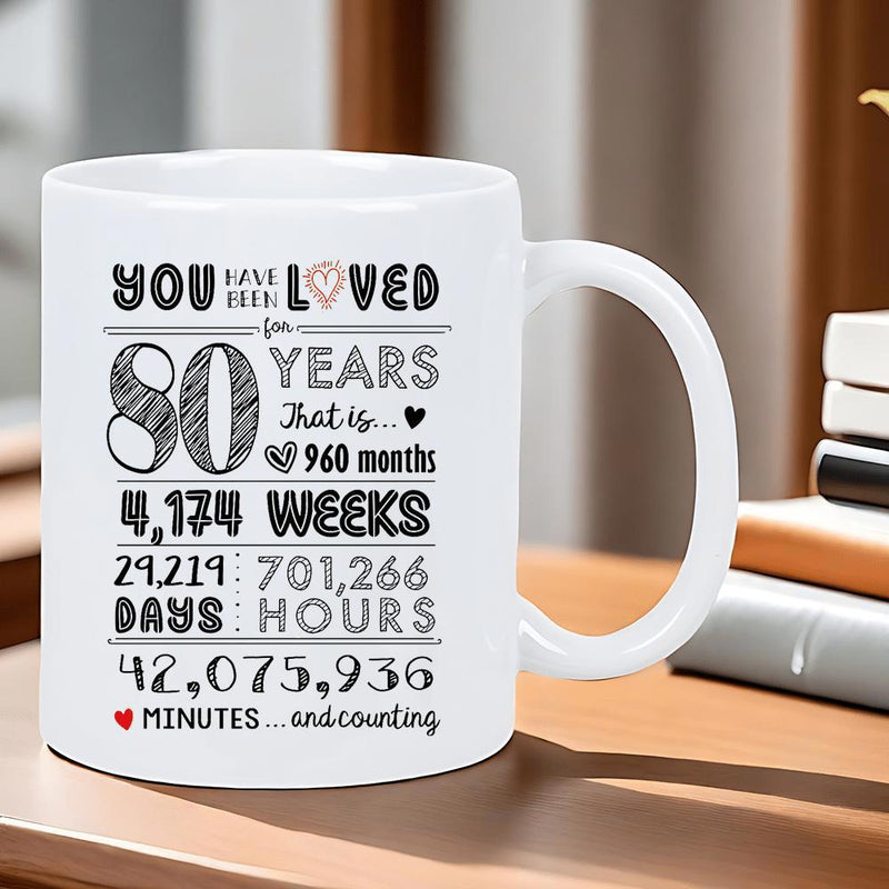 Tailorly White Ceramic 11 oz Mug - You Have Been Loved For 80 Years 960 Months 4174 Weeks 29219 Days 701266 Hours 42075936 Minutes And Counting Artistic