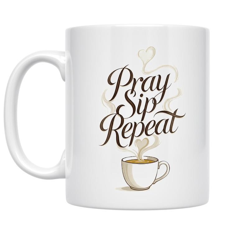 Tailorly White Ceramic 11 oz Mug - Pray Sip Repeat Elegant Calligraphy Text Above Small Steaming Warm Heart Shaped Cup