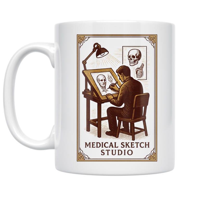 Tailorly White Ceramic 11 oz Mug - Medical Sketch Studio Detailed Vintage Illustration Of An Artist Working At Drafting Table Artist