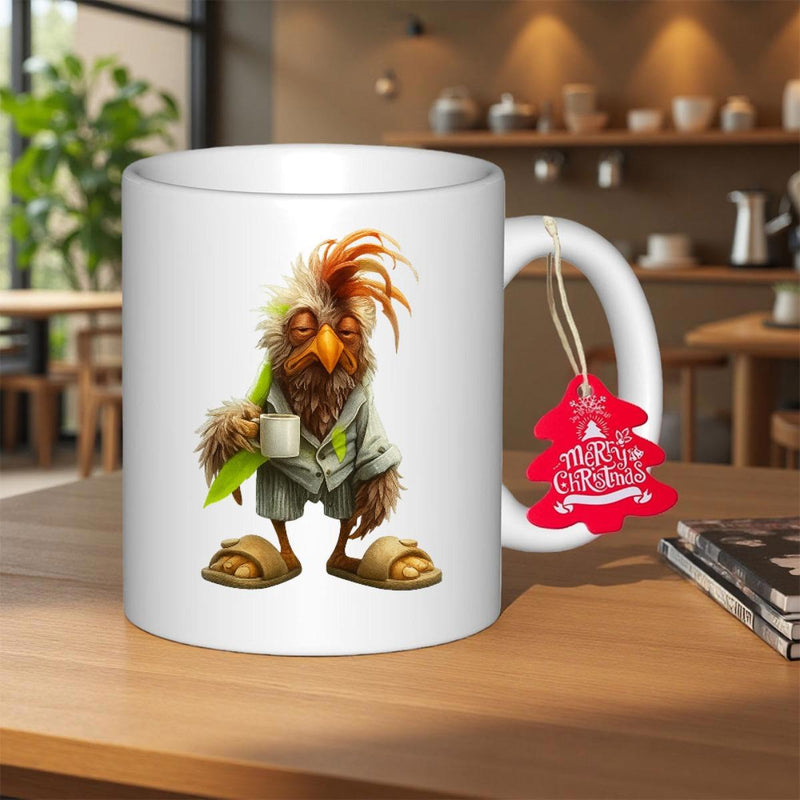 Tailorly White Ceramic 11 oz Mug - Merry Christmas Funny Sleepy Morning Rooster Wearing Pajamas Holding Coffee Cup Chicken