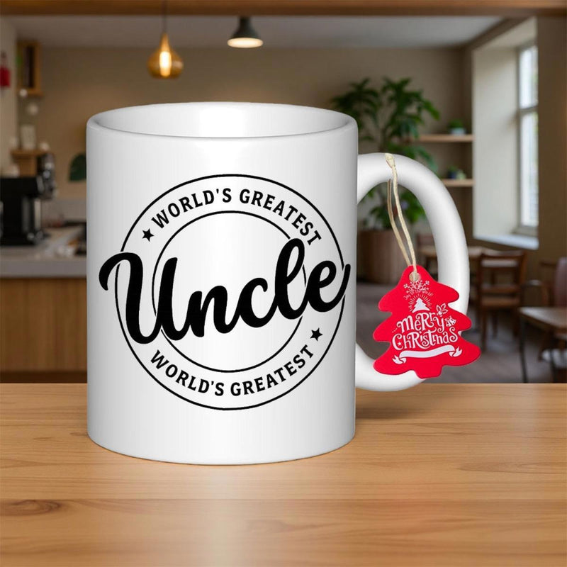 Tailorly White Ceramic 11 oz Mug - Worlds Greatest Uncle Merry Christmas Minimalist Black Circular Seal With Bold Script Typography Mug