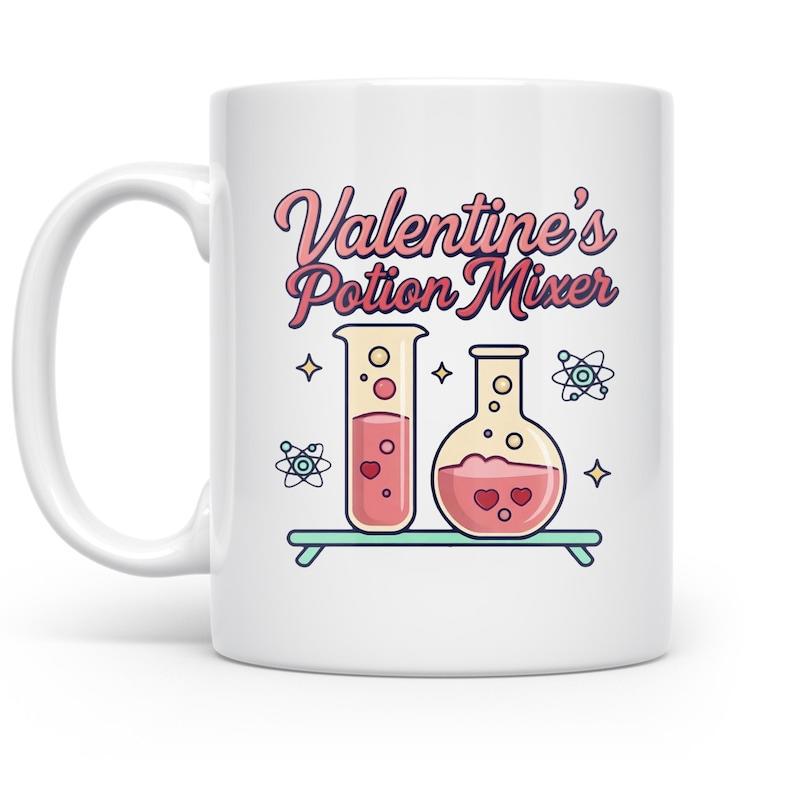 Tailorly White Ceramic 11 oz Mug - Valentine's Potion Mixer Pink Bubbling Liquids Inside Laboratory Glassware Featuring Hearts And Small Atoms Flask