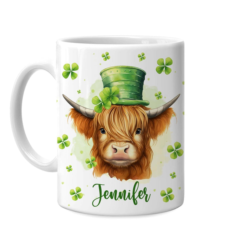 Tailorly White Ceramic 11 oz Mug - Jennifer Charming Highland Cow Wearing Green Leprechaun Hat Among Lucky Green Shamrocks Cow