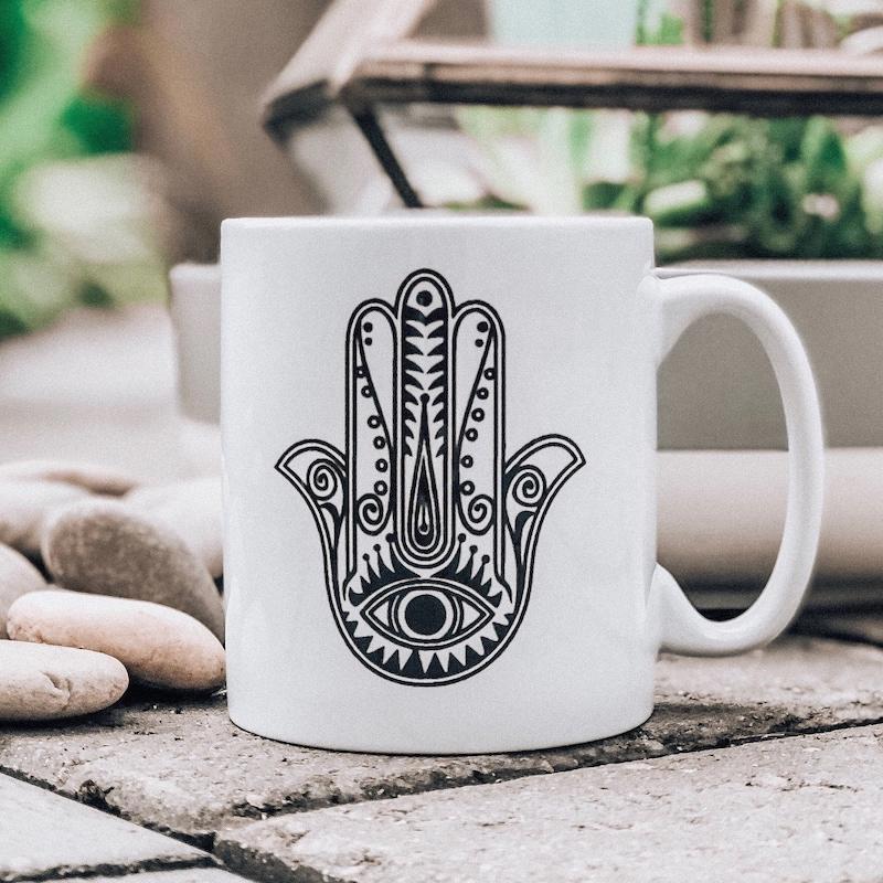 Tailorly White Ceramic 11 oz Mug - Intricate Black Line Art Protective Eye Design Hand Symbol Hamsa