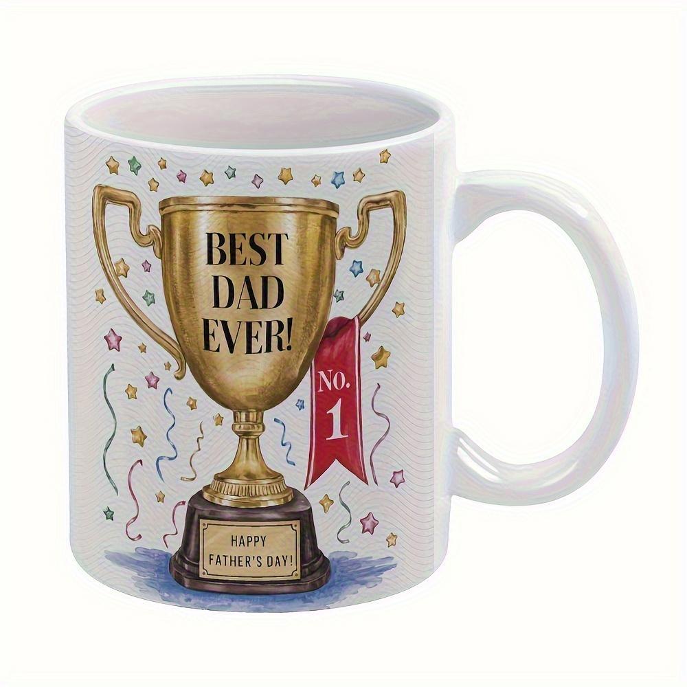 Tailorly White Ceramic 11 oz Mug - Best Dad Ever Happy Fathers Day No 1 Golden Victory Cup With Shining Stars And Festive Red Ribbon Trophy