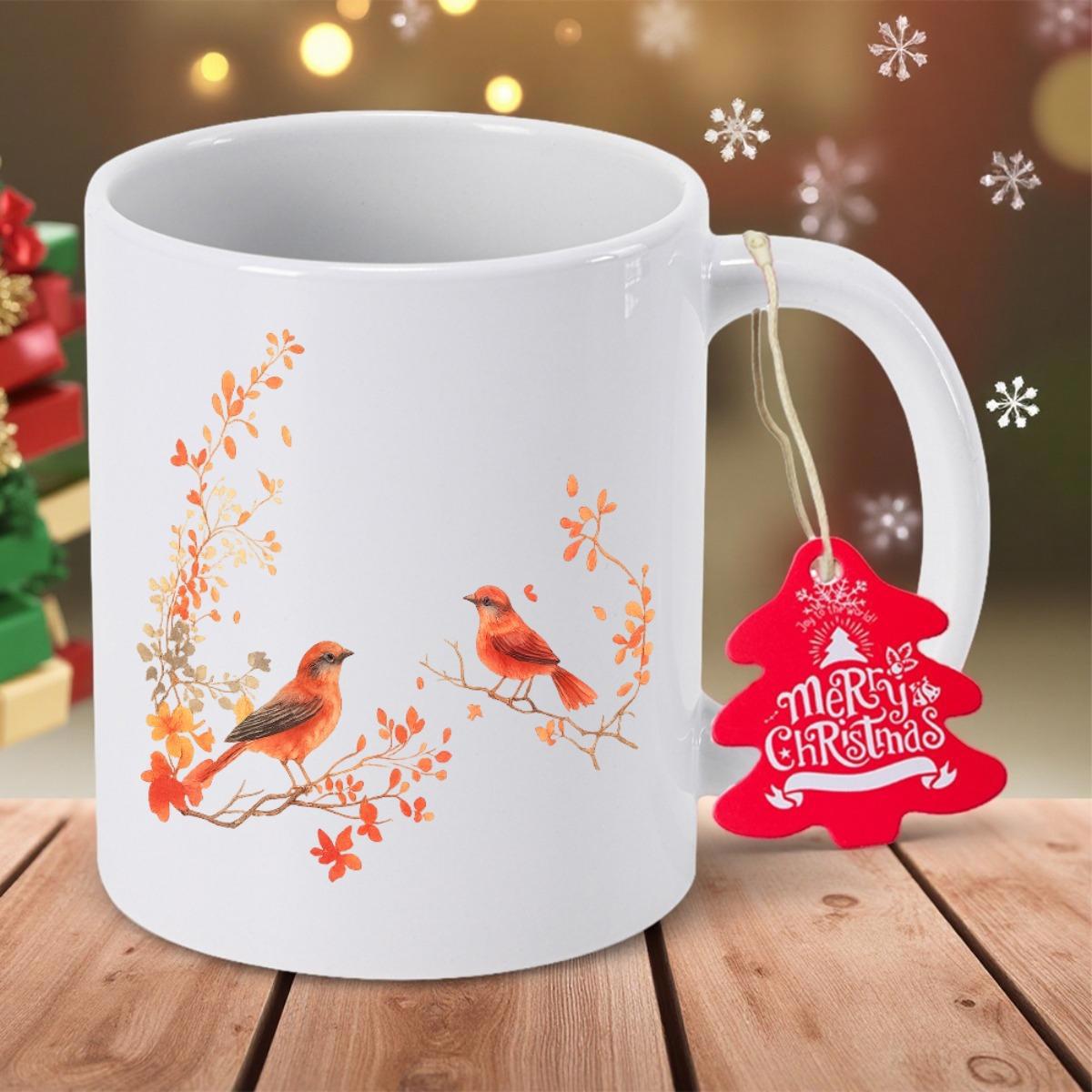 Tailorly White Ceramic 11 oz Mug - Merry Christmas Vibrant Red Cardinals Resting On Branches Among Graceful Autumn Leaves Bird