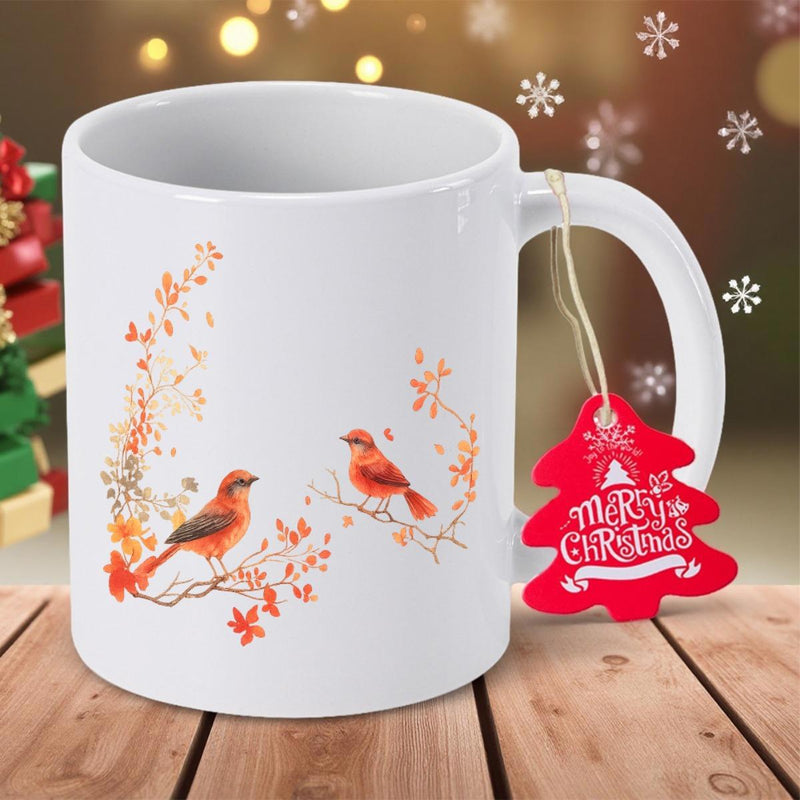 Tailorly White Ceramic 11 oz Mug - Merry Christmas Vibrant Red Cardinals Resting On Branches Among Graceful Autumn Leaves Bird