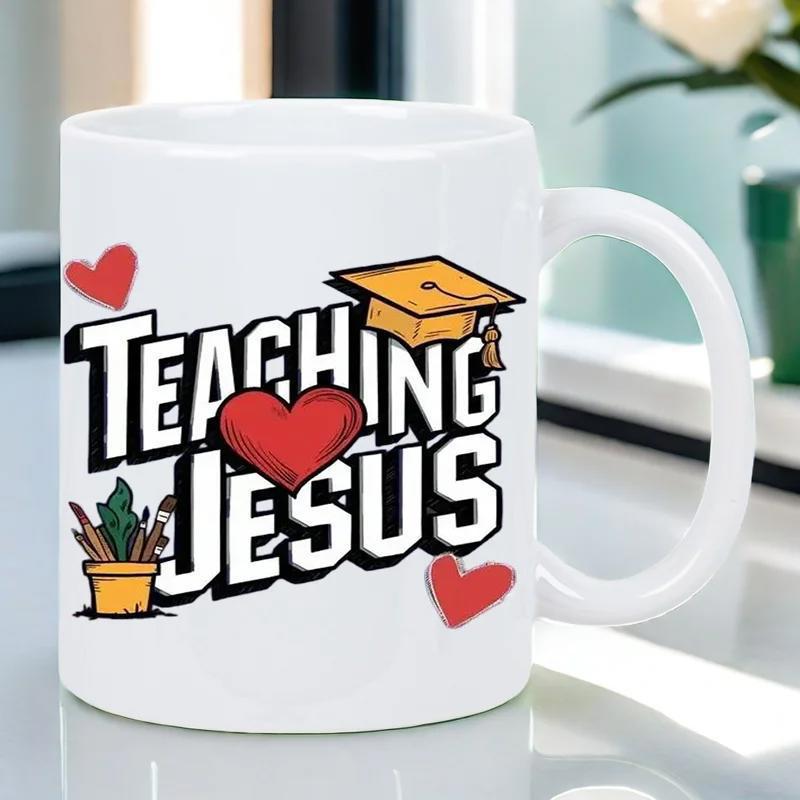 Tailorly White Ceramic 11 oz Mug - Teaching Jesus Academic Inspiration Featuring Hearts And A Potted School Plant Mortarboard