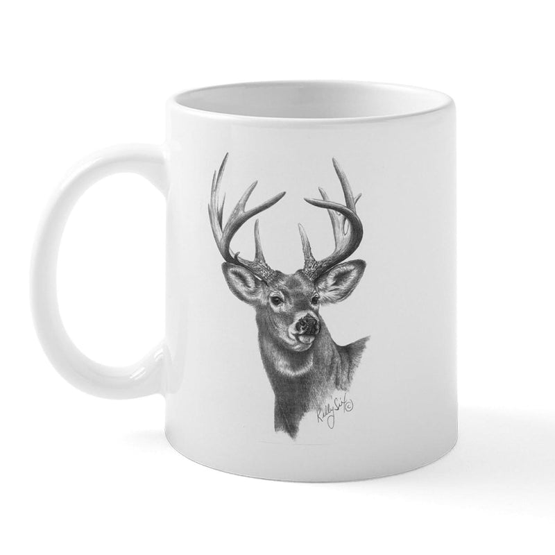 Tailorly White Ceramic 11 oz Mug - Detailed Charcoal Sketch Showing A Majestic Forest Stag Antlers Deer