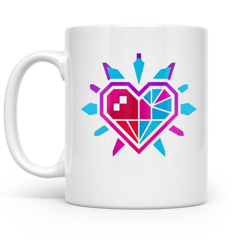 Tailorly White Ceramic 11 oz Mug - Vibrant Geometric Crystal Shards Surrounding A Pixelated Split Color Modern Heart