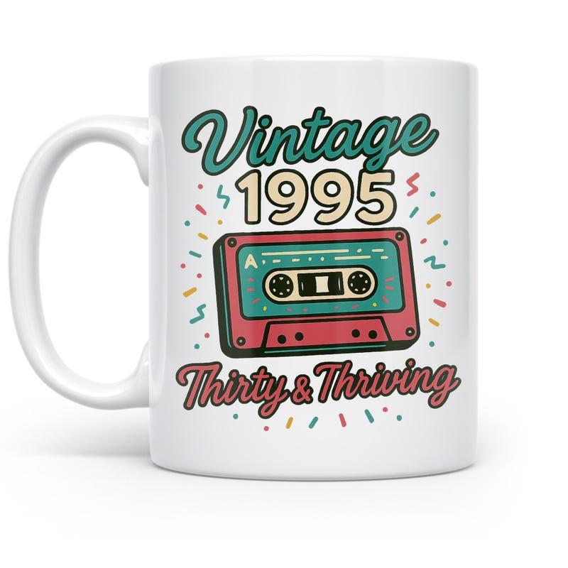 Tailorly White Ceramic 11 oz Mug - Vintage 1995 Thirty Thriving Retro Style Cassette Tape Surrounded By Colorful Scattered Party Confetti Cassette