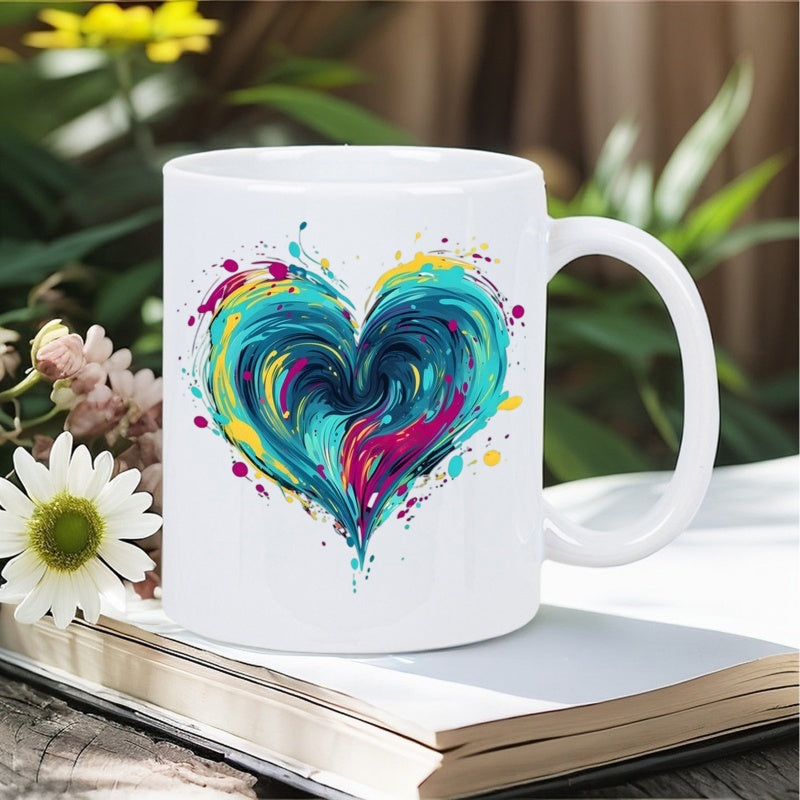Tailorly White Ceramic 11 oz Mug - Artistic Vibrant Paint Swirls With Colorful Splattered Elements Abstract Heart