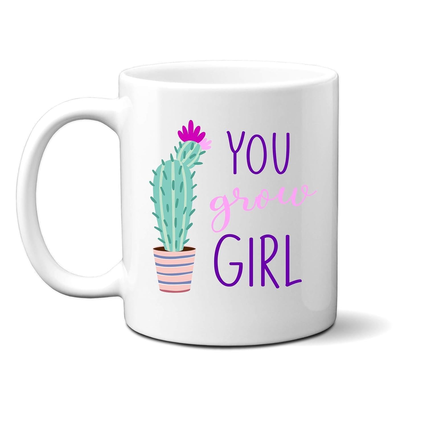 Tailorly White Ceramic 11 oz Mug - You Grow Girl Potted Cactus Featuring A Vibrant Pink Flower And Striped Pot Cactus