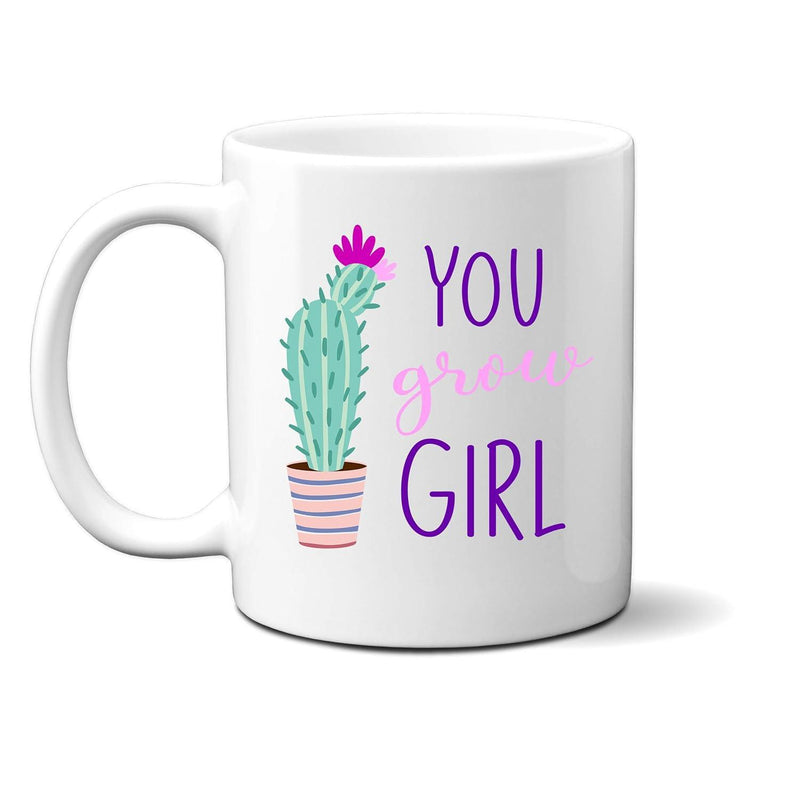 Tailorly White Ceramic 11 oz Mug - You Grow Girl Potted Cactus Featuring A Vibrant Pink Flower And Striped Pot Cactus
