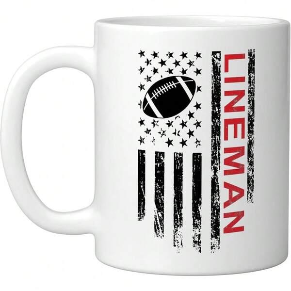 Tailorly White Ceramic 11 oz Mug - Lineman Vintage Distressed American Flag With Stars And Stripes Featuring A Textured Sports Football