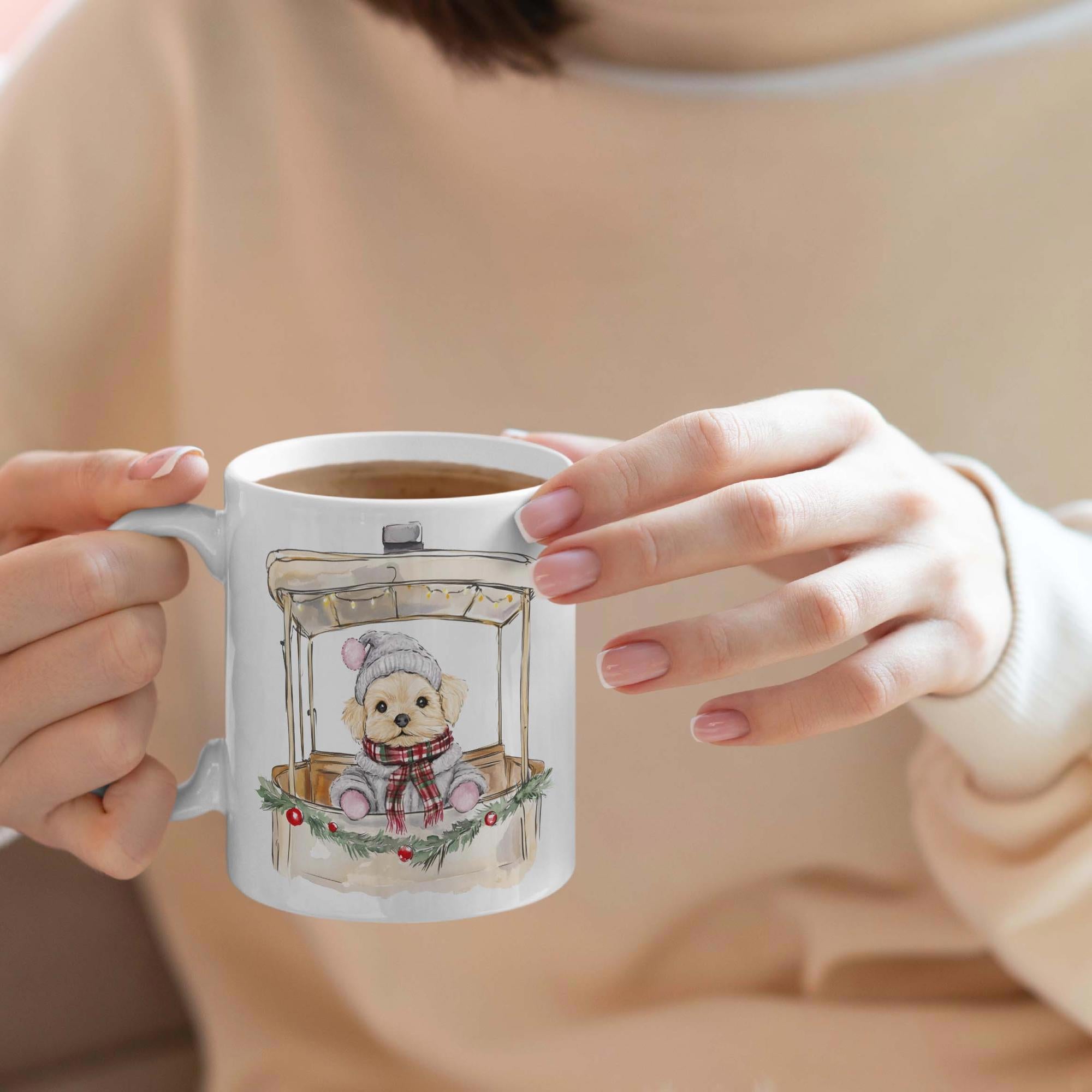Tailorly White Ceramic 11 oz Mug - Cuddly Little Animal Wearing Warm Scarf Sitting Within Decorative Winter Window Bear