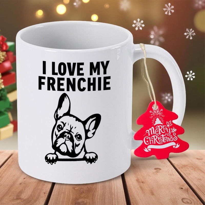 Tailorly White Ceramic 11 oz Mug - I Love My Frenchie Merry Christmas Adorable Peeking Silhouette With Decorative Heartfelt Message Pet Frenchie