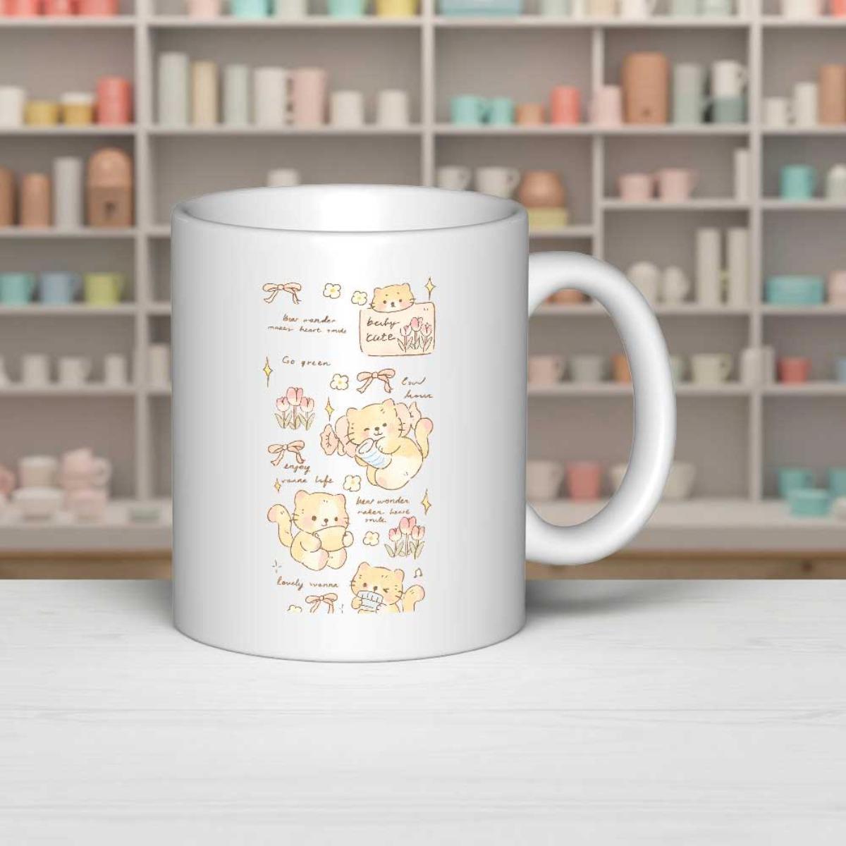 Tailorly White Ceramic 11 oz Mug - Home Made Hand Drawn Yellow Sketch Of Cute Feline Among Various Fresh Bakery Bread Cat