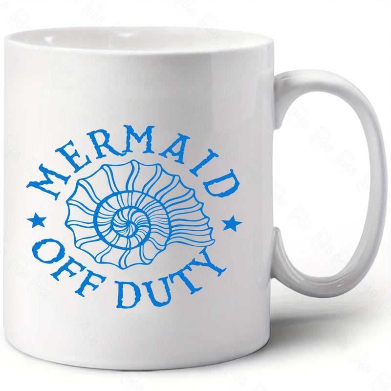 Tailorly White Ceramic 11 oz Mug - Mermaid Off Duty Intricate Blue Spiral Sea Shell With Nautical Stars In Circular Shell