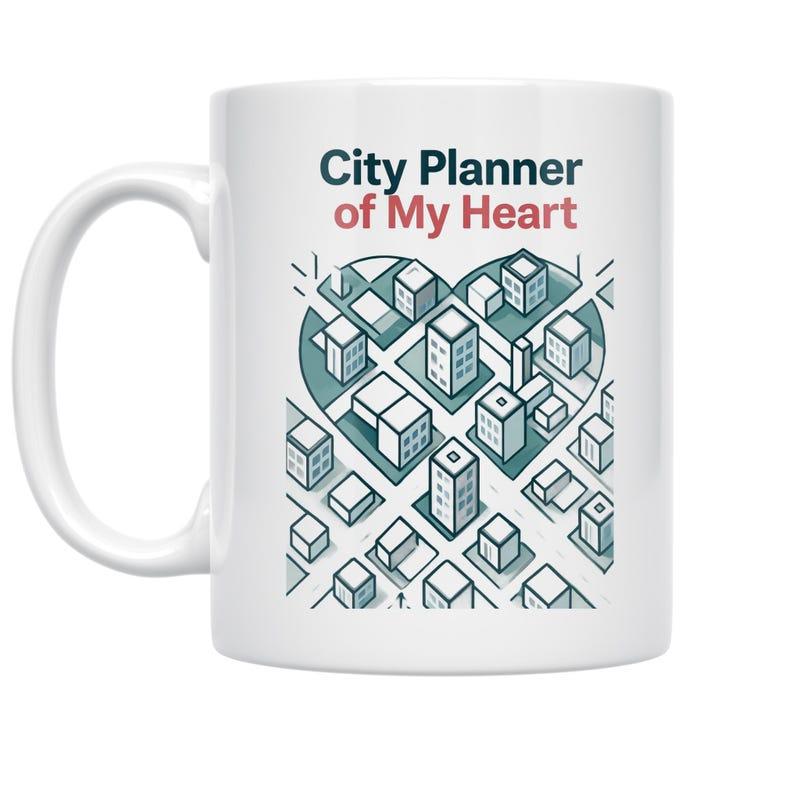 Tailorly White Ceramic 11 oz Mug - City Planner Of My Heart Isometric City Buildings Arranged Intricately Inside A Large Symbolic Heart Cityscape