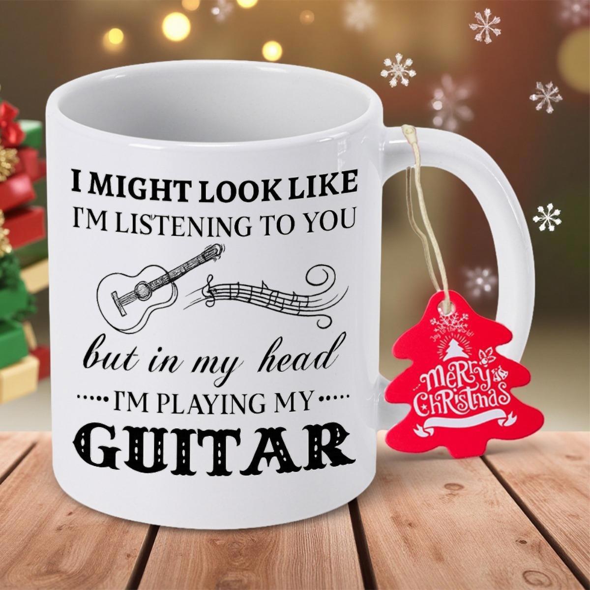 Tailorly White Ceramic 11 oz Mug - I Might Look Like Im Listening To You But In My Head Im Playing My Guitar Artistic Sketch Of Musical Notes Flowing From A