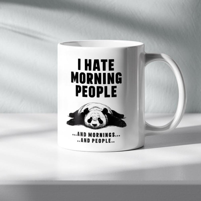 Tailorly White Ceramic 11 oz Mug - I Hate Morning People And Mornings And People Sleepy Lazy Animal Lying Flat On White Surface Resting Calmly Panda