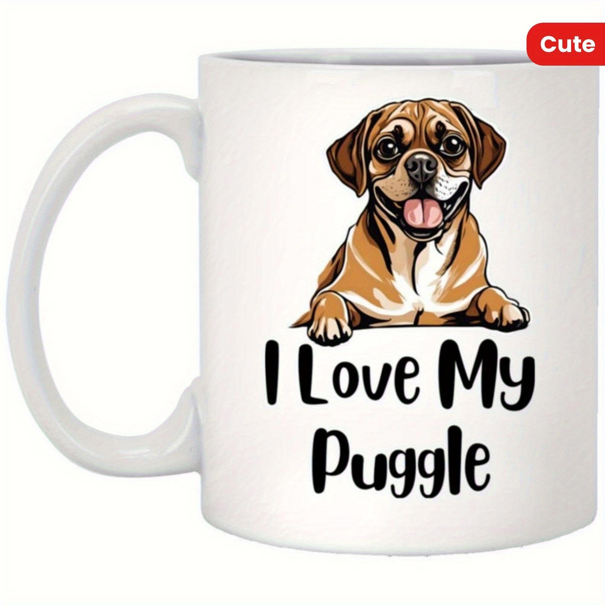 Tailorly White Ceramic 11 oz Mug - I Love My Puggle Smiling Brown Dog Peeking Over Text With Tongue Out Puggle