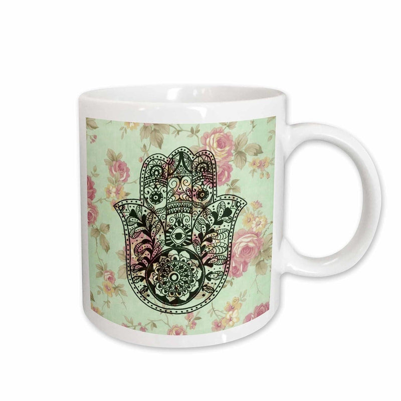 Tailorly White Ceramic 11 oz Mug - Intricate Mandala Pattern Centered Among Shabby Chic Vintage Pink Flowers Hamsa Hand