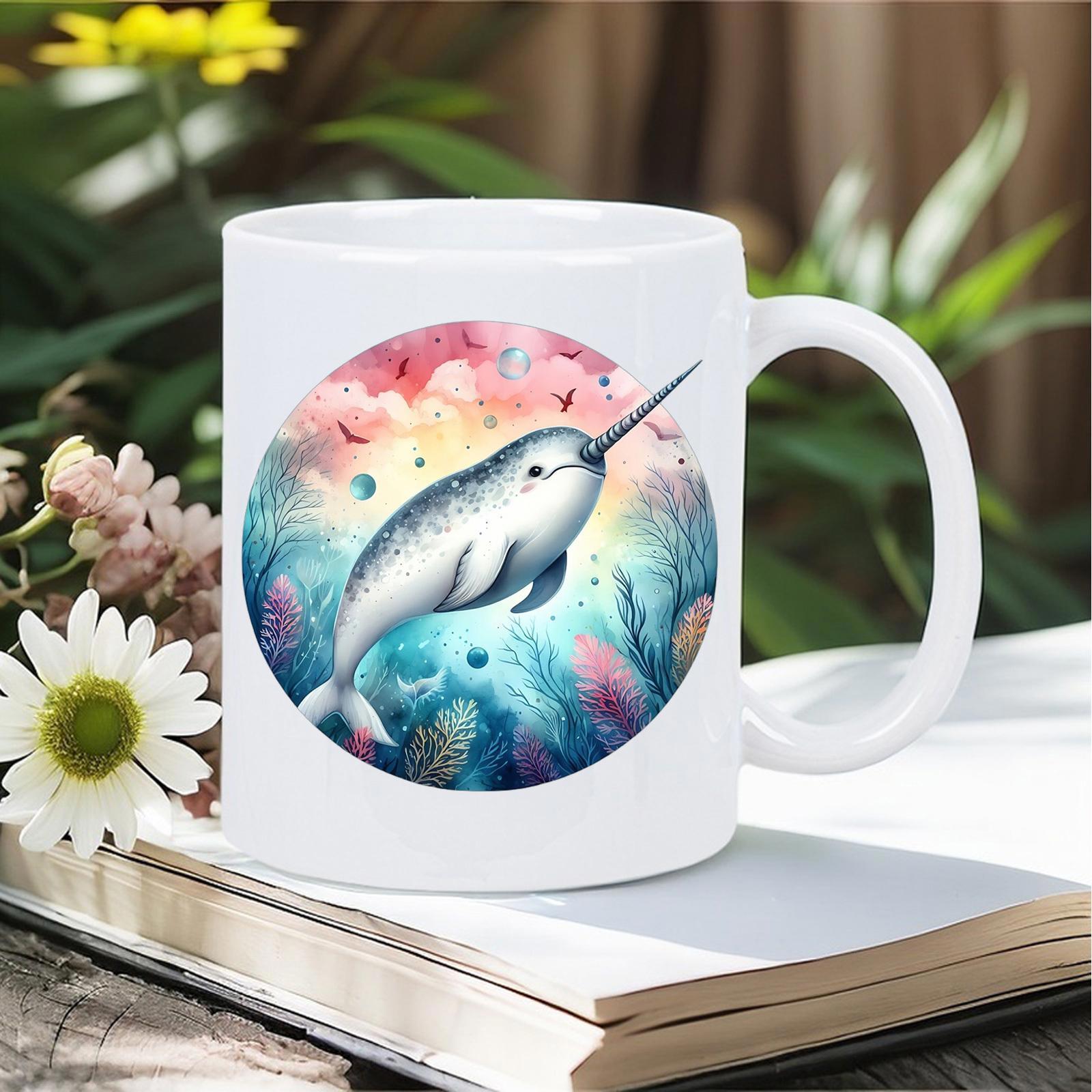 Tailorly White Ceramic 11 oz Mug - Majestic Magical Creature Swimming Through Vibrant Colorful Dreamy Underwater Coral Narwhal