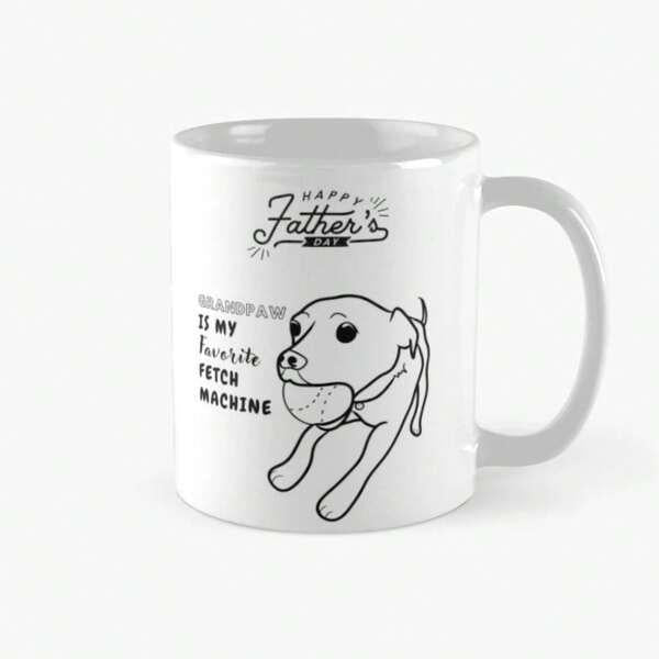 Tailorly White Ceramic 11 oz Mug - Happy Father's Day Grandpaw Is My Favorite Fetch Machine Minimalist Line Drawing Of A Dog Holding A Round Ball Dog