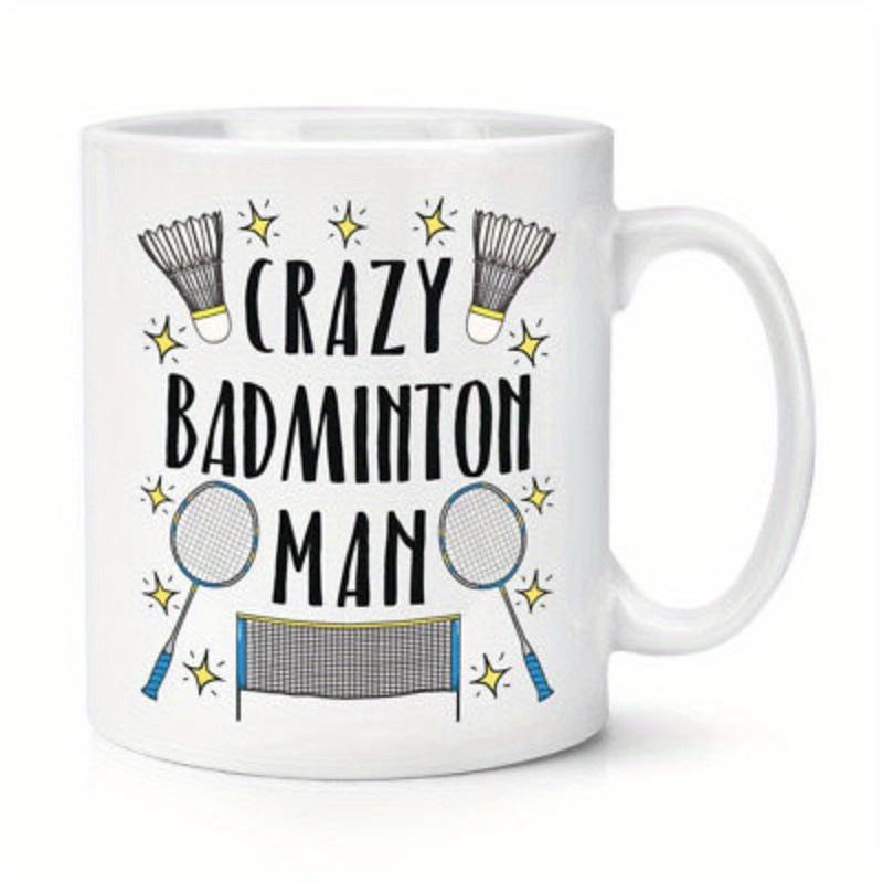 Tailorly White Ceramic 11 oz Mug - Crazy Badminton Man Sporting Equipment Featuring Rackets Shuttlecocks And Net Among Sparkle Stars Badminton
