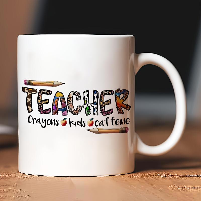 Tailorly White Ceramic 11 oz Mug - Teacher Crayons Kids Caffeine Colorful Patterned Letters Featuring Wooden Pencils And Small Apples Teacher