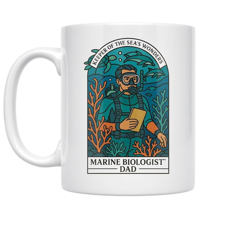 Tailorly White Ceramic 11 oz Mug - Keeper Of The Sea's Wonders Marine Biologist Dad Majestic Underwater Scene With Vibrant Coral Reef And Dolphins Diver