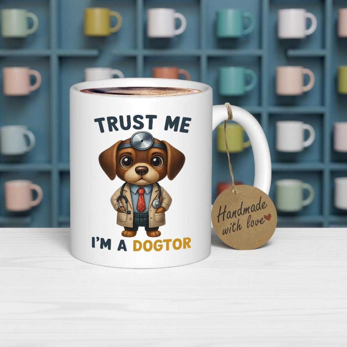Tailorly White Ceramic 11 oz Mug - Trust Me Im A Dogtor Adorable Cartoon Puppy Wearing Professional Medical Scrubs And Stethoscope Doctor Dog
