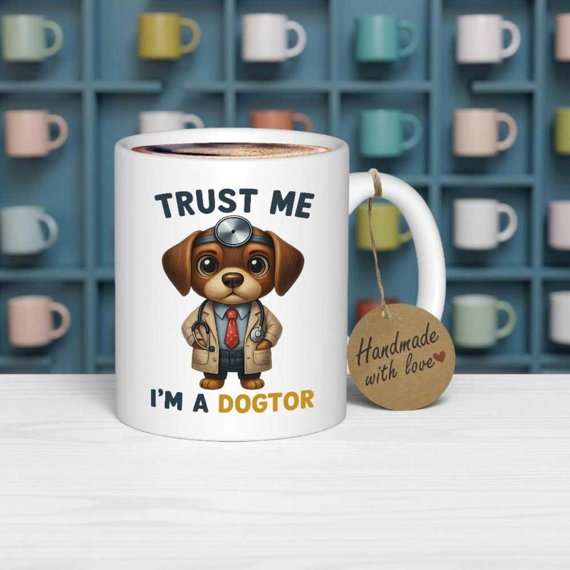 Tailorly White Ceramic 11 oz Mug - Trust Me Im A Dogtor Adorable Cartoon Puppy Wearing Professional Medical Scrubs And Stethoscope Doctor Dog
