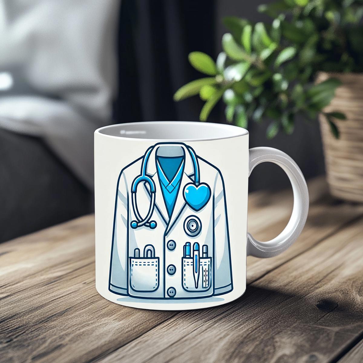 Tailorly White Ceramic 11 oz Mug - Minimalist Medical Lab Coat With Blue Heart Stethoscope And Medical Tools Doctor