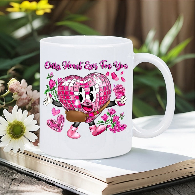 Tailorly White Ceramic 11 oz Mug - Only Heart Eyes For You Vibrant Pink Disco Ball Character Wearing Boots Walking Among Pretty Flowers Heart