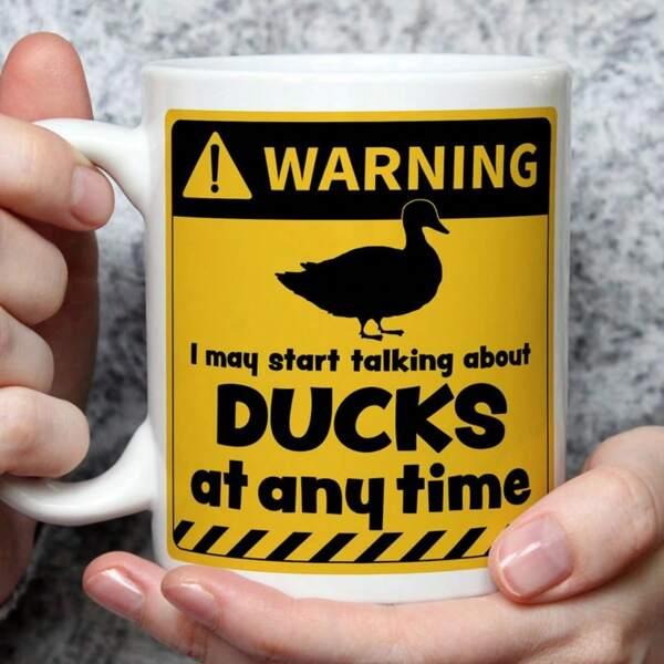 Tailorly White Ceramic 11 oz Mug - Warning I May Start Talking About Ducks At Any Time Bold Yellow Caution Background With Silhouette Animal Duck